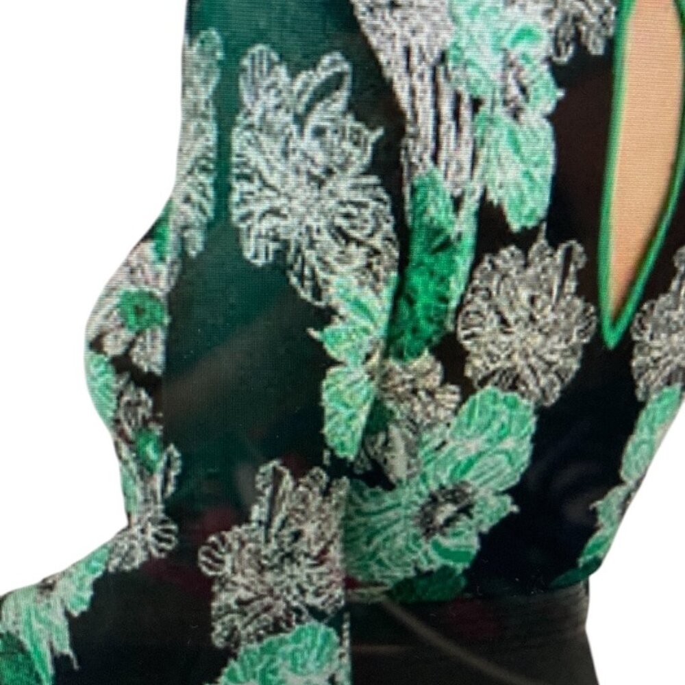 Karen Millen Black Top with Green and White Floral Print